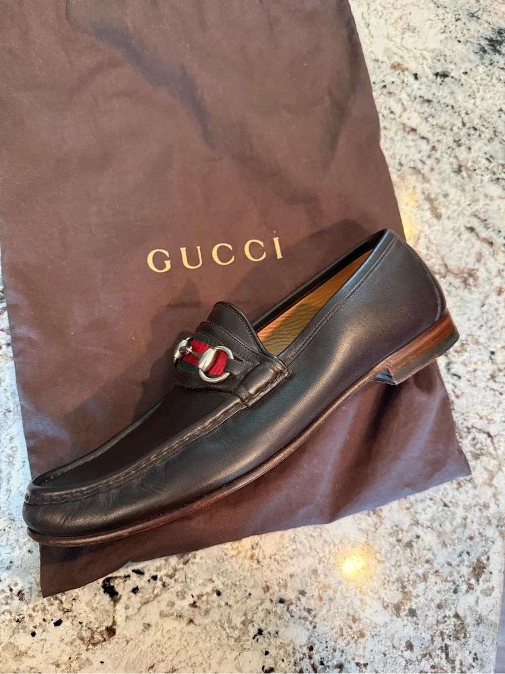 Gucci Brown Leather Horsebit Loafers with Green-Red Web